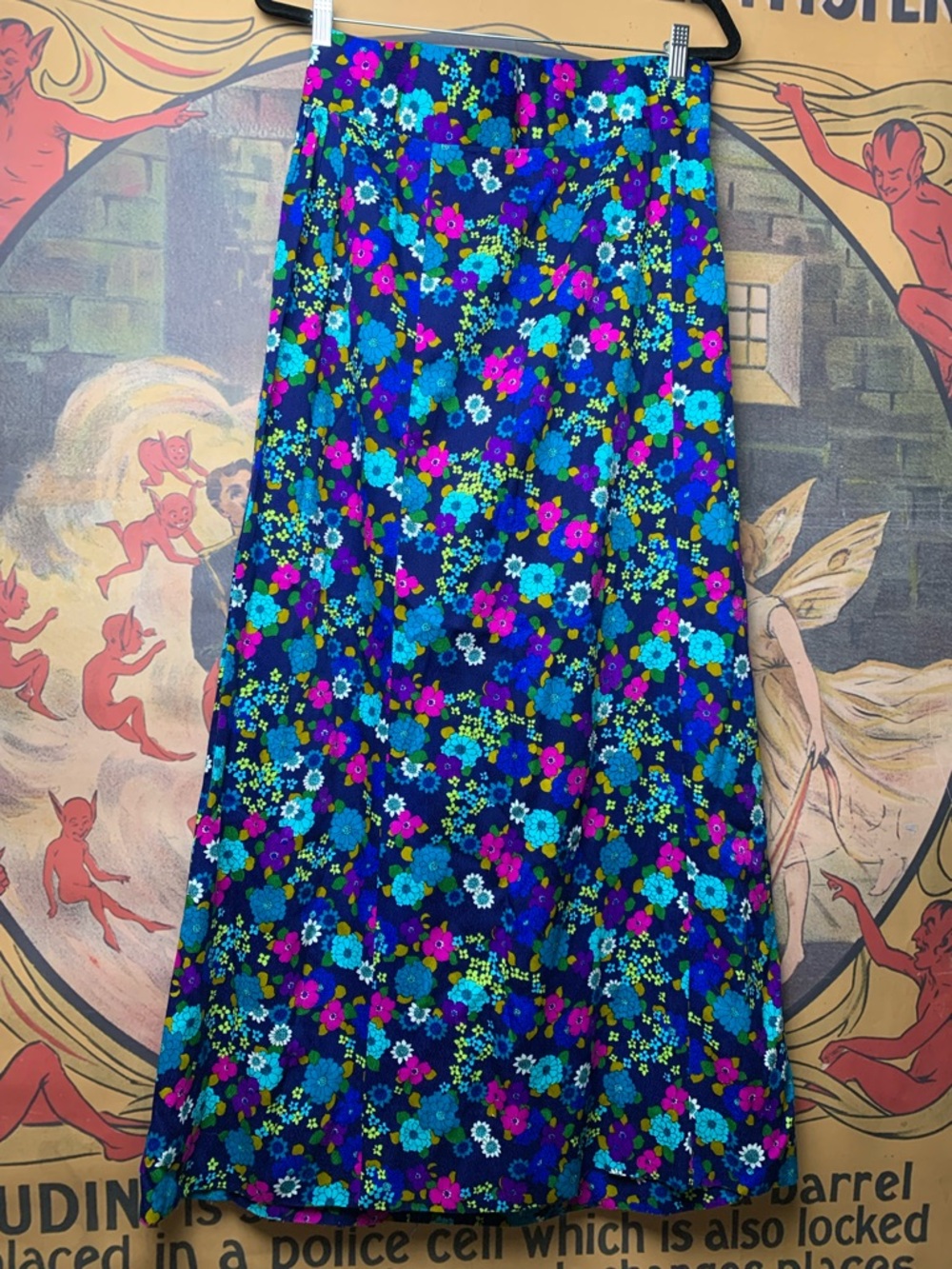 60s-70s Vintage Dayglow Vibrant Neon Floral Print Maxi Skirt